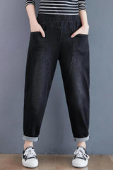 Women Slim Plus Size Pants Loose Wide Leg Jeans (Color:Black Size:L)