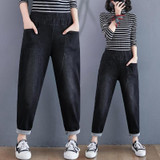 Women Slim Plus Size Pants Loose Wide Leg Jeans (Color:Black Size:M)