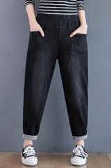 Women Slim Plus Size Pants Loose Wide Leg Jeans (Color:Black Size:XL)