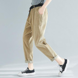Retro Art All-match Casual Trousers Autumn And Winter Solid Color Corduroy Elastic Pants (Color:Khaki Size:L)