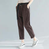 Retro Art All-match Casual Trousers Autumn And Winter Solid Color Corduroy Elastic Pants (Color:Brown Size:L)