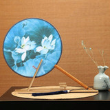 Retro Style Hanfu Group Fan Beech Wood Handle Classical Dance Fan(Blue-light Rain Lotus)