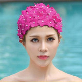 Pearl Three-dimensional Handmade Flower Swimming Cap for Women(Rose Red)