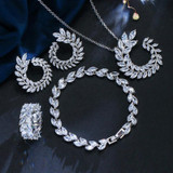 4 PCS/Set Leaf Shape Fashion CZ Necklace Earring Bracelet and Ring Sets, Ring  Size:8