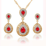 Women Crystal Water Drop Pendant Necklaces Earrings Sets(Red)