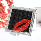 Handmade Diamond Mini Makeup Mirror Portable Double-sided Small Mirror Ruby Red Lips(Black)