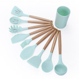 kn082 9 in 1 Wooden Handle Silicone Kitchen Tool Set with Storage Bucket(Green)