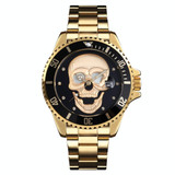 SKMEI 9195 Fashion Water-inlaid Drill Skull Nightlight Waterproof Quartz Watch Steel Strip Watch for Men(Golden Black)