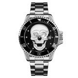 SKMEI 9195 Fashion Water-inlaid Drill Skull Nightlight Waterproof Quartz Watch Steel Strip Watch for Men(Silver Black)