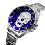 SKMEI 9195 Fashion Water-inlaid Drill Skull Nightlight Waterproof Quartz Watch Steel Strip Watch for Men(Silver Blue)