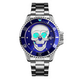 SKMEI 9195 Fashion Water-inlaid Drill Skull Nightlight Waterproof Quartz Watch Steel Strip Watch for Men(Silver Blue)