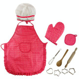 3 PCS Chef Kitchen Baking Tools Apron Girl Toy Set Kindergarten Stage Photography Play Costume Props(Red chef apron)