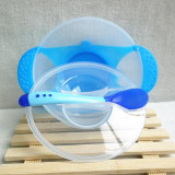 3 in 1 Children Tableware Baby Learning Dishes With Suction Cup Assist Food Bowl Temperature Sensing Spoon (Blue 3 Piece Set)