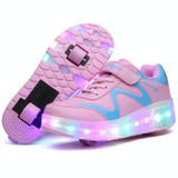 786 LED Light Ultra Light Rechargeable Double Wheel Roller Skating Shoes Sport Shoes, Size : 32(Pink)