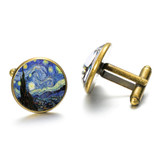 1 pair Fashion Van Gogh Art Painting Series Cufflinks Van Gogh Starry Night Crystal Glass Cabochon Cufflinks(Gold)