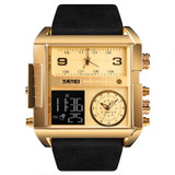 SKMEI 1391 Multifunctional Men Business Digital Watch 30m Waterproof Square Dial Wrist Watch with Leather Watchband(Gold Black)