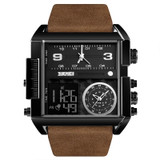 SKMEI 1391 Multifunctional Men Business Digital Watch 30m Waterproof Square Dial Wrist Watch with Leather Watchband(Black+Coffee)