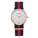CAGARNY 6813 Fashionable Ultra Thin Rose Gold Case Quartz Wrist Watch with 3 Stripes Nylon Band for Women(Red)
