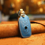 For BMW Old Style Car Cowhide Leather Key Protective Cover Key Case, Three Keys Version (Blue)