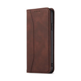 For iPhone 13 Skin-feel Calfskin Texture Magnetic Dual-Fold Horizontal Flip Leather Case with Holder & Card Slots & Wallet(Coffee)