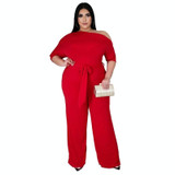 Solid Color Oblique Shoulder Strap Jumpsuit Wide-leg Pants (Color:Red Size:XXXXL)