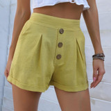 Cotton Linen Shorts Solid Color Casual Wide-leg Pants (Color:Yellow Size:XL)