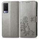 For vivo V21e 5G Four-leaf Clasp Embossed Leather Case with Lanyard & Card Slot & Wallet & Holder(Grey)