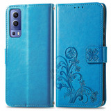 For vivo Y72 5G Four-leaf Clasp Embossed Leather Case with Lanyard & Card Slot & Wallet & Holder(Blue)