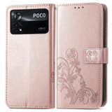 For Xiaomi Poco X4 Pro 5G Four-leaf Clasp Embossed Buckle Leather Phone Case(Rose Gold)