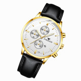 FNGEEN W5128 Men Three Eyes Subdial Luminous Quartz Watch Student Simple Watch(Black Leather Gold Shell White Surface)