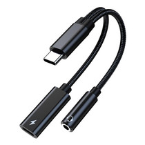 TA2B USB-C / Type-C Male to PD 60W USB-C / Type-C Charging + 3.5mm Audio Female Earphone Adapter (Black)
