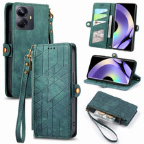 For Realme 10 Pro+ Geometric Zipper Wallet Side Buckle Leather Phone Case(Green)