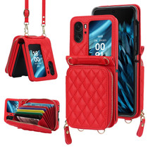 For OPPO Find N2 Flip Rhombic Texture Card Bag Phone Case with Dual Lanyard(Red)