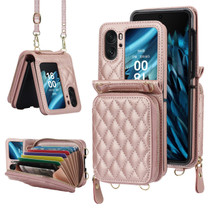For OPPO Find N2 Flip Rhombic Texture Card Bag Phone Case with Dual Lanyard(Rose Gold)