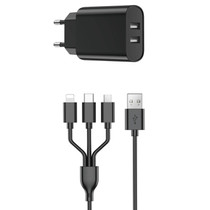 WIWU Wi-U003 Quick Series Dual USB Charger with 3 in 1 USB Charging Data Cable Set, EU Plug(Black)