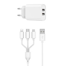 WIWU Wi-U003 Quick Series Dual USB Charger with 3 in 1 USB Charging Data Cable Set, EU Plug(White)