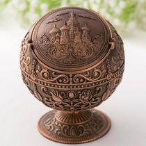 Retro Metal Spherical Ashtray With Lid Home Living Room Decoration Ornaments(Red Copper Castle)