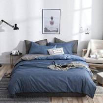 Bedding Set Solid Plaid Side Bed Comforter Duvet Cover Sheet Set, Size:228*228cm(2xPillowcase,1xQuilt(Blue)