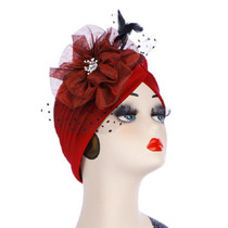 Spring and Autumn Flowers Dots Mesh Turban Hat Wrap Hat(Wine Red)