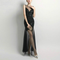 Sequins Beading Evening Dresses Mermaid Long Formal Prom Party Dress, Size:XL(Black)
