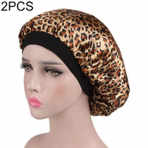 2 PCS Women Satin Night Sleep Cap Hair Bonnet Hat Silk Head Cover Wide Elastic Band(Leopard)