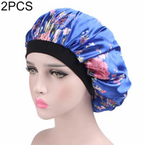 2 PCS Women Satin Night Sleep Cap Hair Bonnet Hat Silk Head Cover Wide Elastic Band(Royal Blue Flower)