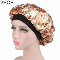 2 PCS Women Satin Night Sleep Cap Hair Bonnet Hat Silk Head Cover Wide Elastic Band(Beige Small Flower)