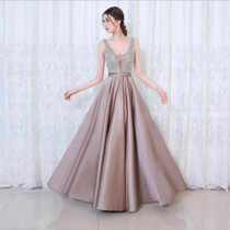 V-neck Sequin Dress Banquet Annual Evening Dress, Size:XXXL(Apricot)