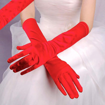1pair Bride Gloves Satin Long Vintage Travel Sunscreen Dress Wedding Gloves(Red)