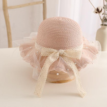 Parent-child Princess Style Beach Hat Straw Hat Adult 56-58cm(Pink)