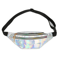 Women Punk Laser Glossy PU Double Zipper Chest Bag Casual Waist Bag(White)