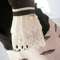 Accordion Pleats Hollow Lace Pearl Decoration Cuffs Fake Sleeves