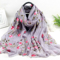 Autumn and Winter National Style Wild Peach Blossom Embroidery Pattern Long Lace Scarf Silk Scarf, Size:172 x 70cm(Gray)