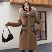 Mid-length Large Fur Collar Padded Coat Jacket (Color:Coffee Size:XXL)